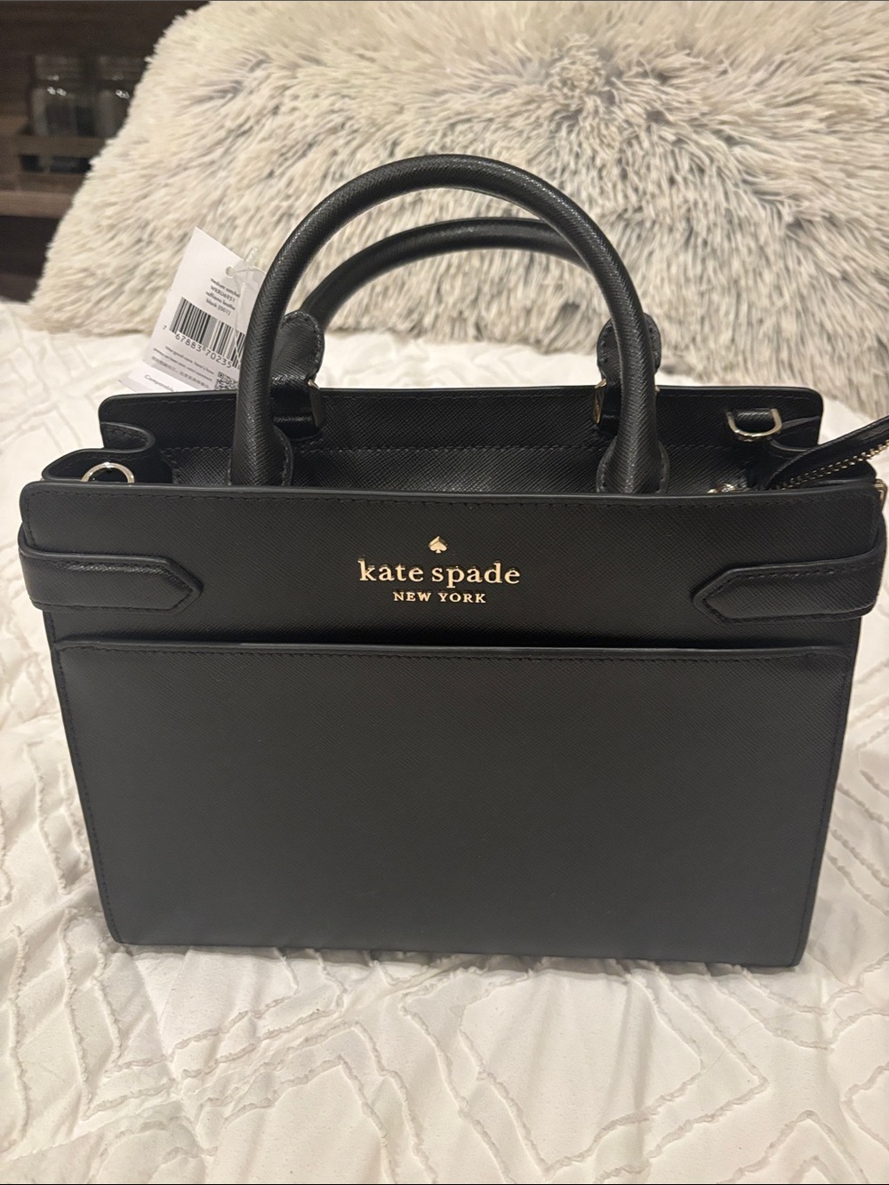 Brand new kate spade Black Leather Structured Satchel with Gold Logo